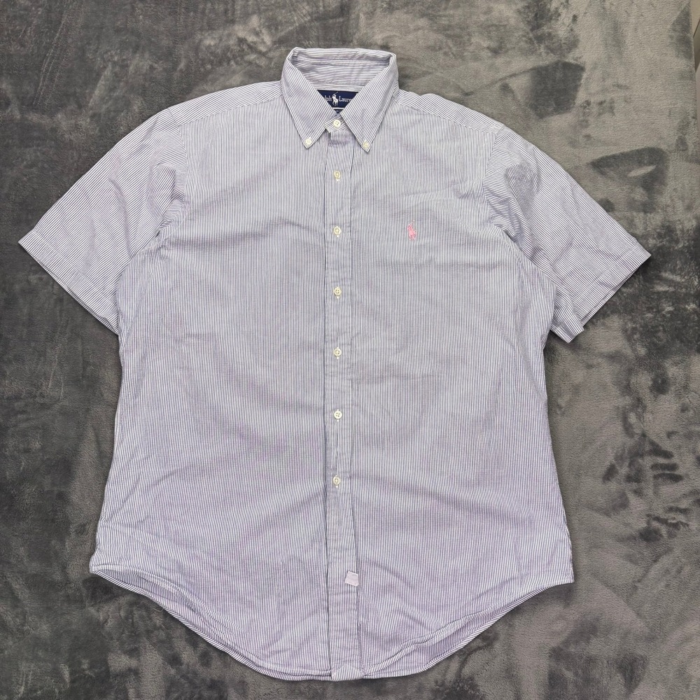 Ralph Lauren Button Up Shirt Men Large Blue White Striped Short Sleeve Pony Logo